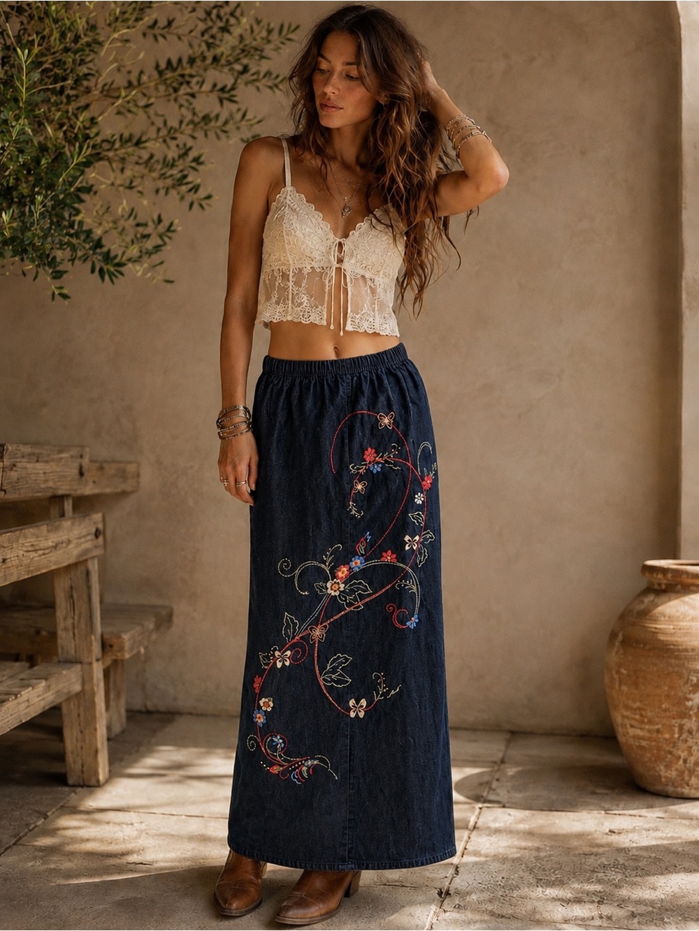 Vintage Two Twenty Collection Embroidered Denim Maxi Skirt | Medium